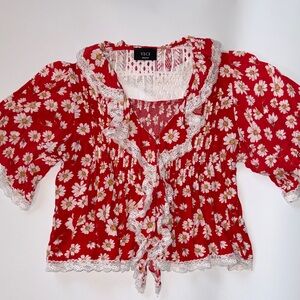 Vici Boho Baby doll Scarlet Floral Top with White Lace
